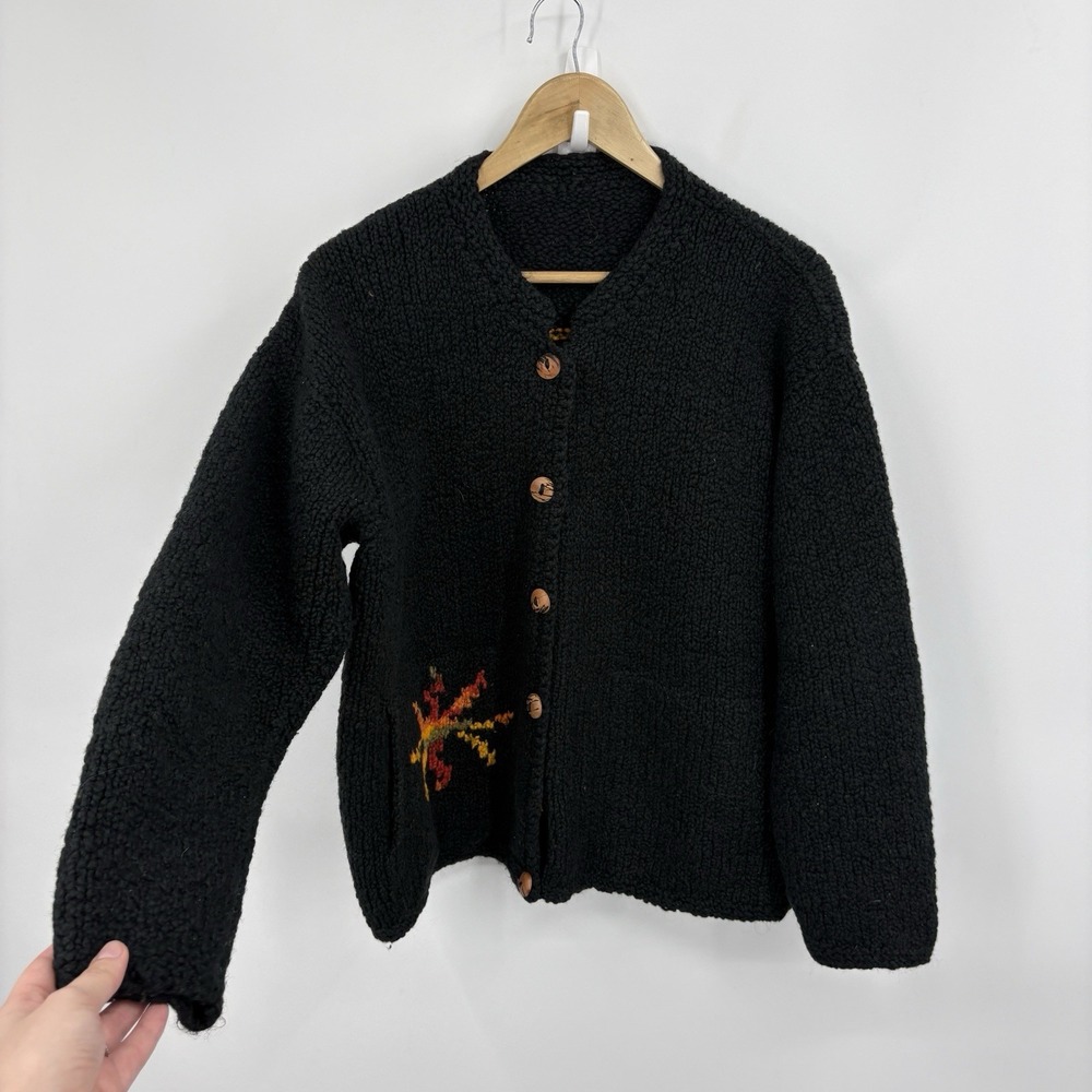 Vintage Whimsigoth Cardigan Sweater Medium Intarsia Chunky 90s Celestial Indie